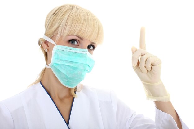 Woman doctor in medical mask have an idea