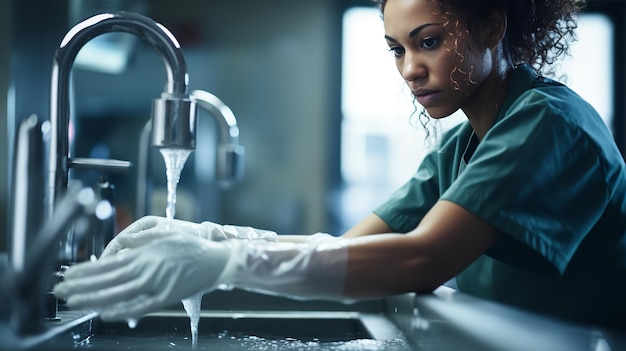 A woman doctor of mixed race cleaning her hands Generative AI