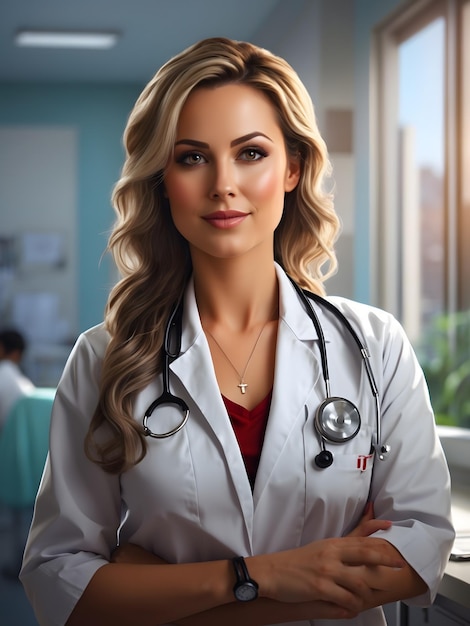 Woman doctor in a modern hospital setting professional attire confident expression detailed shad