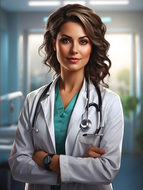 Женщина-врач в современной больнице, профессиональная одежда, уверенное выражение лица, подробный оттенок.