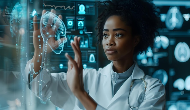 Photo woman doctor reviewing a threedimensional xray in the form of a hologram technology innovation