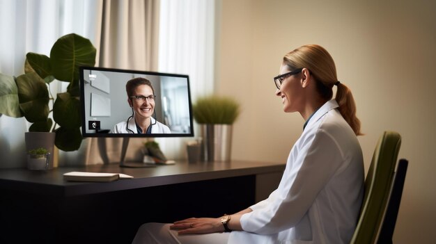 Фото Женщина-лекарь разговаривает с пациентом по видеозвонку дома концепция телемедицины и здравоохранения