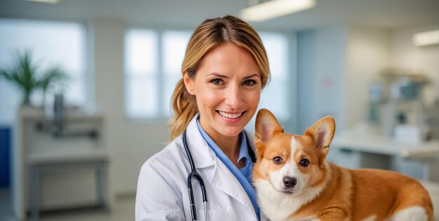 Foto dottore veterinario donna e cane carino in clinica