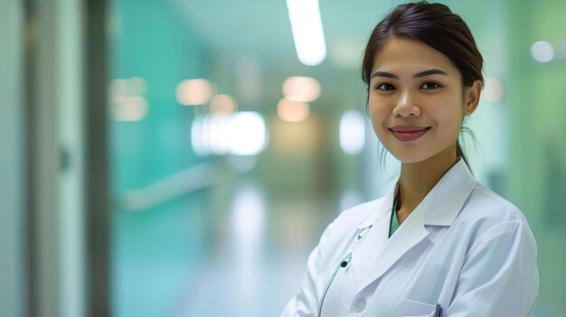 a woman doctor in a white lab coat stands in a hallway