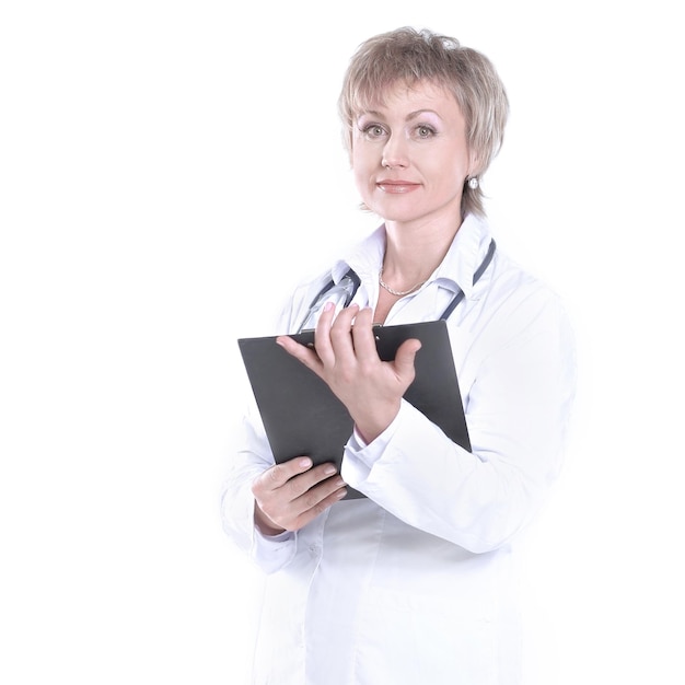 Woman doctor with medical card of the patient