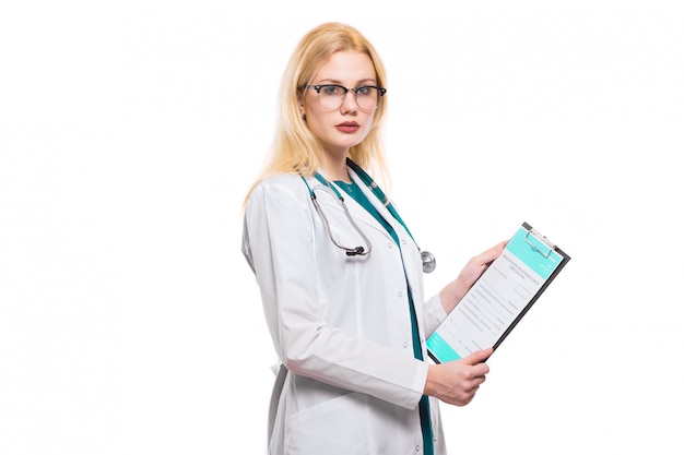 Woman doctor with stethoscope and clipboard