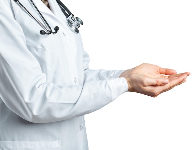 Woman doctor with a stethoscope isolated on white