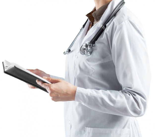 Woman doctor with a stethoscope. Isolated on white.