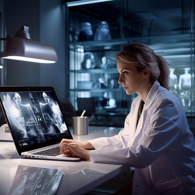 Woman Doctor Working with Laptop in Office