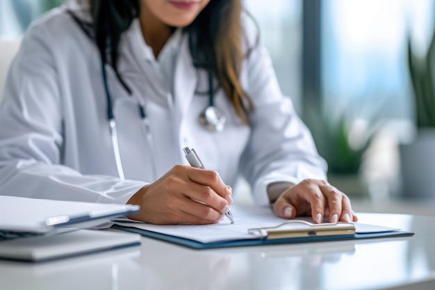 Woman doctor writes notes on the clipboard in the hospital