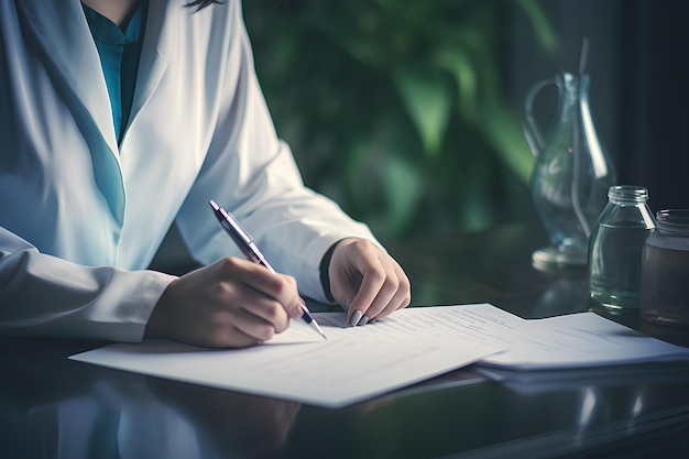 woman doctor writing letter in paper with medical note in office