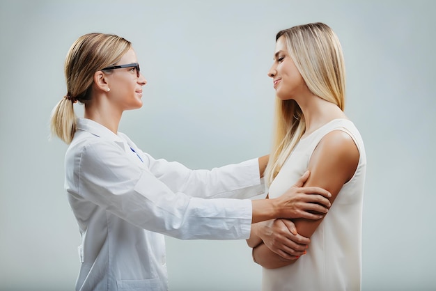 a woman in a doctors suit is talking to another woman