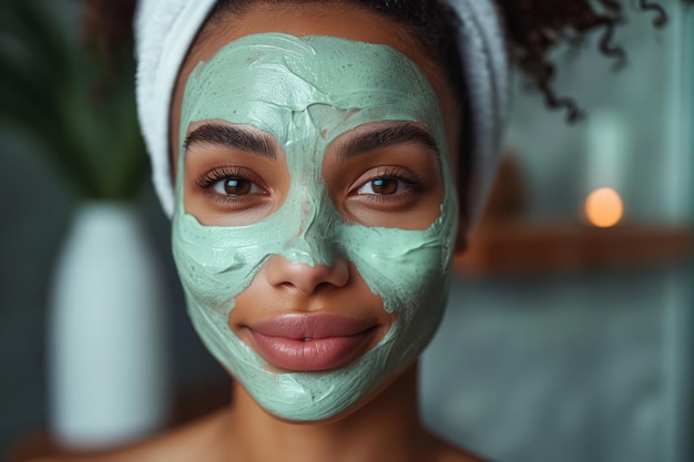 A woman does spa treatments in a spa salon with face masks and skin care treatments
