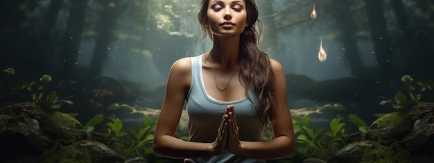 Foto una donna fa yoga nella foresta in natura seduta nella posizione del loto