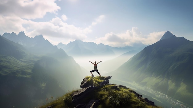 Woman does yoga on top of a mountain at sunset