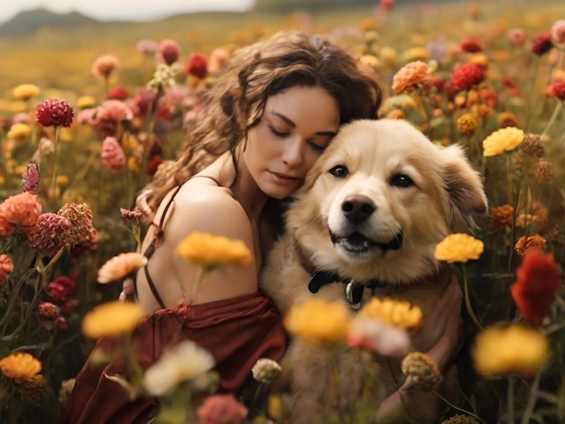 a woman and a dog are in a field of flowers