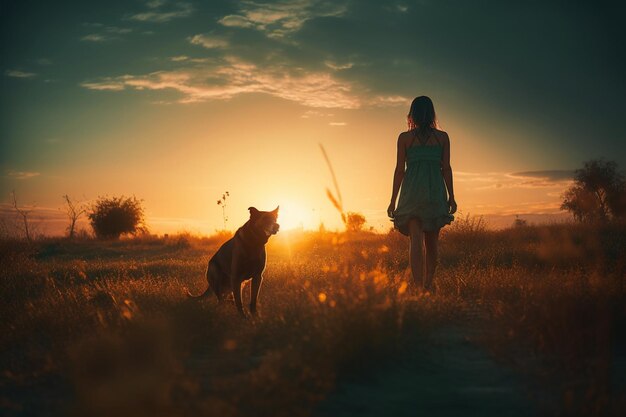 A woman and a dog are standing in a field at sunset.