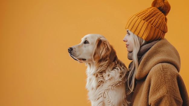 Woman and dog in autumn wear with hats on isolated orange background