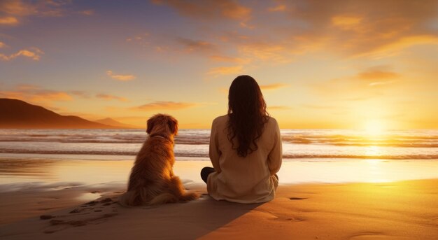 Photo woman and dog on beach sitting at sunrise in spring