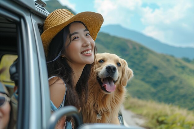 女性と犬が人工知能で作られた山の車旅行を楽しんでいます