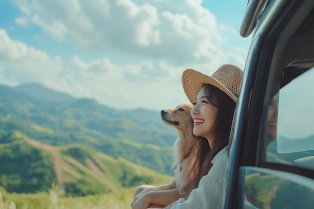 여성과 개가 인공지능으로 산에서 자동차 여행을 즐기고 있습니다.