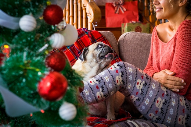 Woman and dog at home during christmas holidays