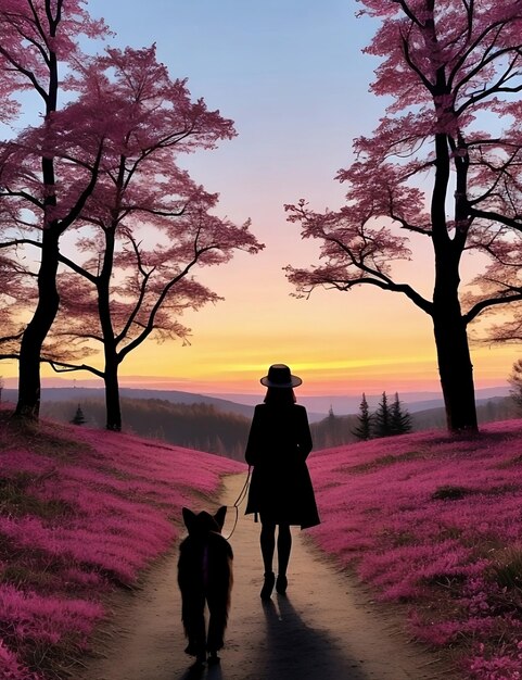 Photo woman and dog walking in pink forest