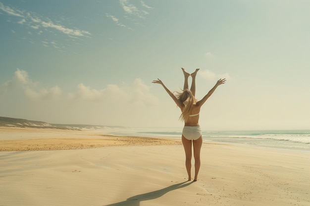 Photo woman doing cartwheels on a sandy beach