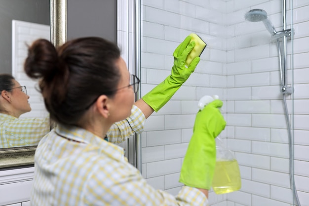 Photo woman doing cleaning in the bathroom, at home. female washing shower glass with sponge and detergent.