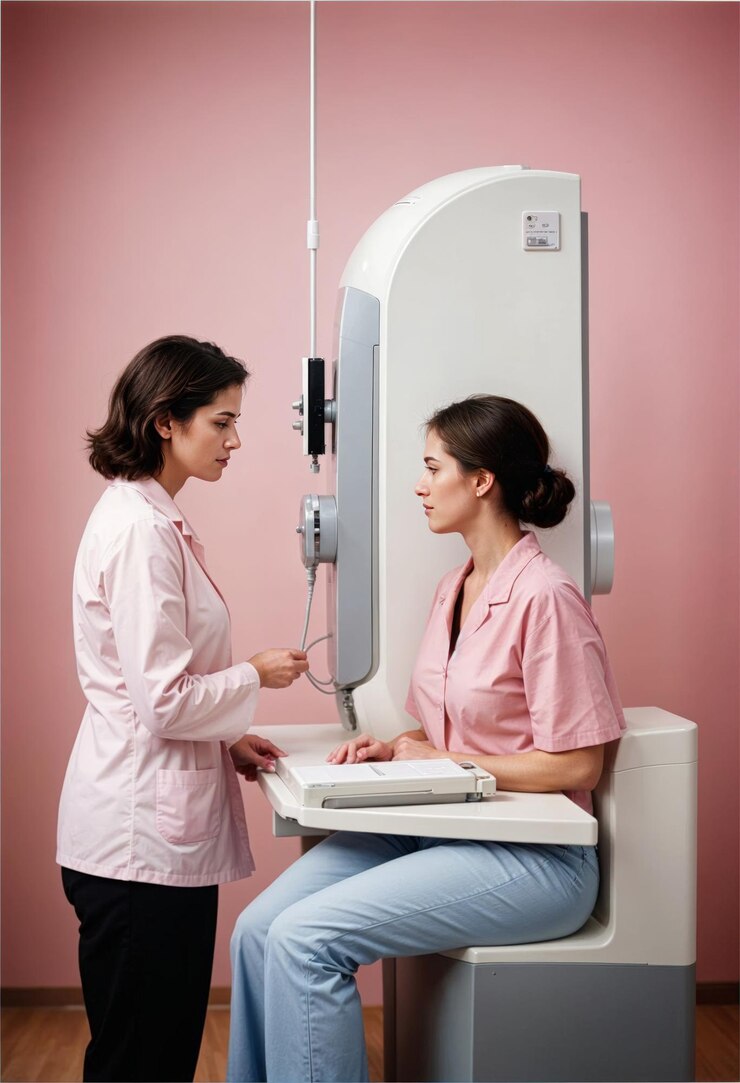 Photo a woman doing consultation to a doctor in a pink shirt in front of mammogram machine