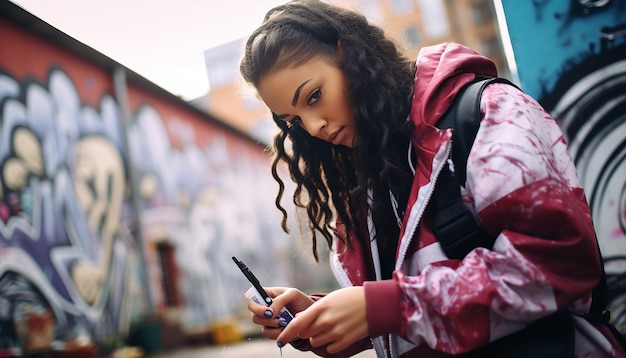 Woman doing cyberpunk graffiti art with spray paint on the street