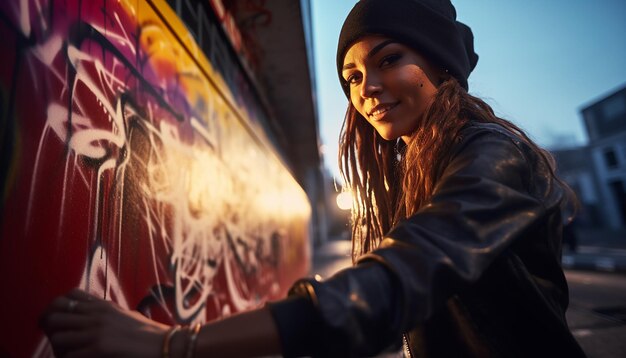 Foto donna che fa arte dei graffiti cyberpunk con vernice spray sulla strada