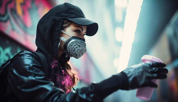 Woman doing cyberpunk graffiti art with spray paint on the street