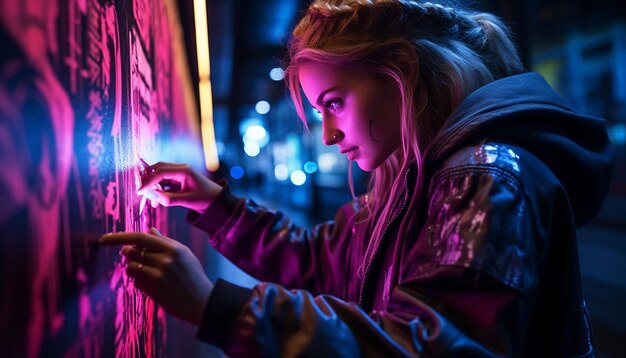 Woman doing cyberpunk graffiti art with spray paint on the street