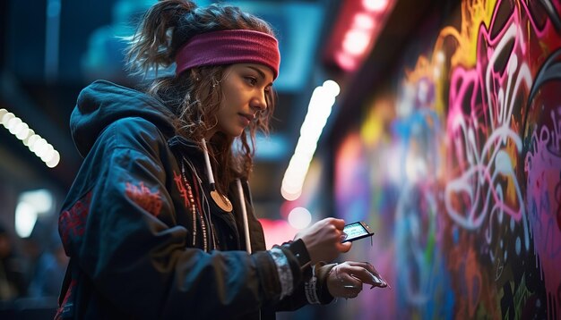 Woman doing cyberpunk graffiti art with spray paint on the street