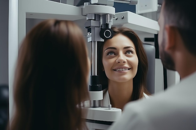 Foto donna che fa un esame oculare con un optometrista in una clinica oculistica