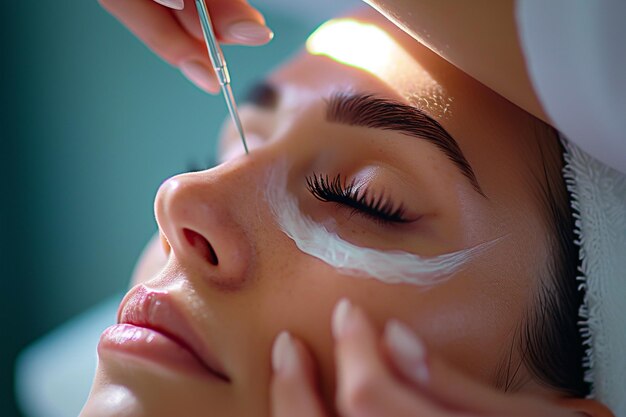 woman doing eyelash extensions bokeh style background