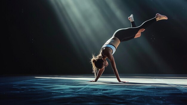 Photo a woman doing a handstand on a stage with a microphone