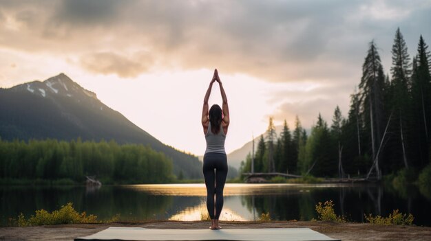 A woman doing a handstand on a yoga mat with a peaceful serene setting in the background