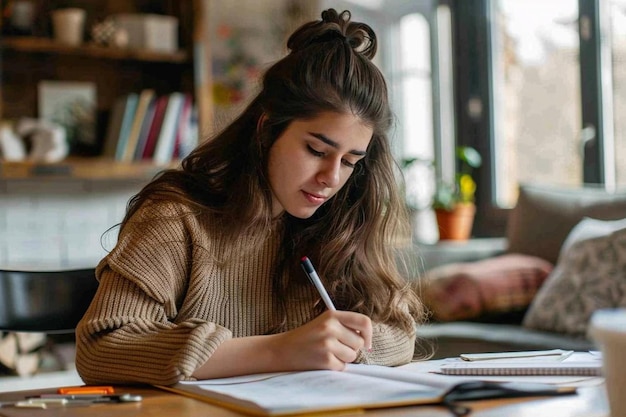 Woman doing homework photo in a homely atmosphere