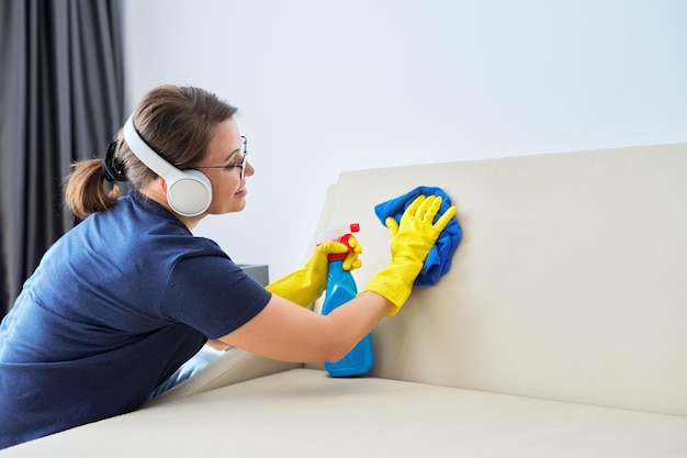 Woman doing house cleaning female in headphones and gloves with detergent