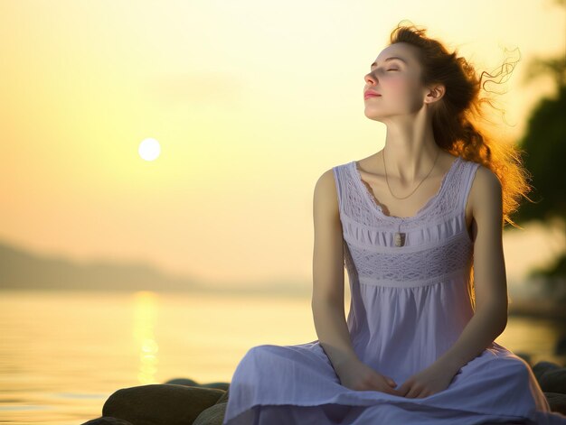 Женщина занимается медитацией и дыхательными упражнениями возле озера силуэт на закате Генеративный ИИ