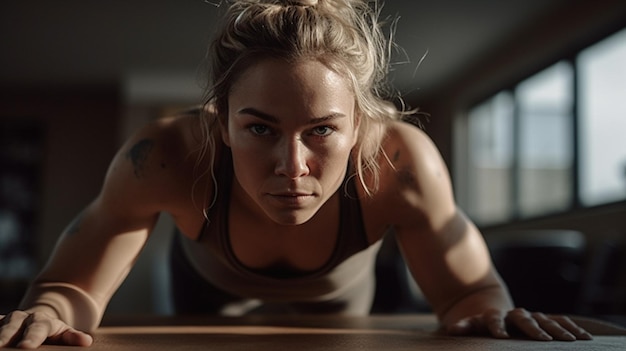 A woman doing a plank on a wooden floor