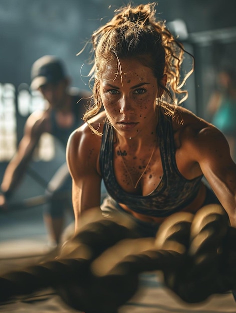 Foto una donna che fa un push up su una corda