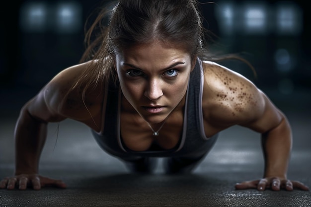 A woman doing push ups on a dark background