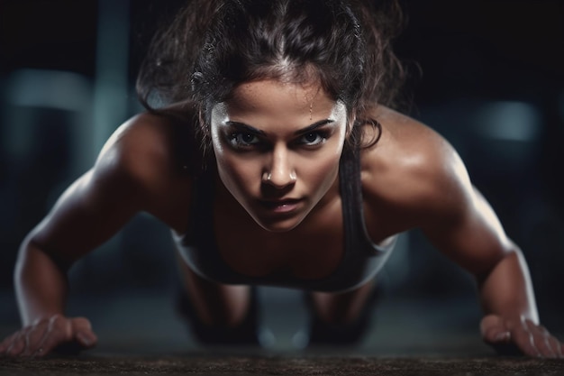 A woman doing push ups in a gym