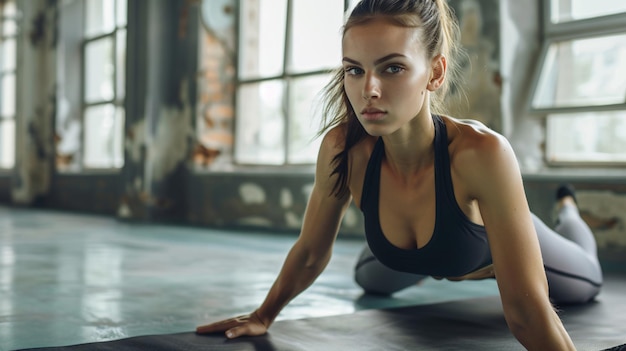 Photo a woman doing push ups on a mat in a room with a window behind her