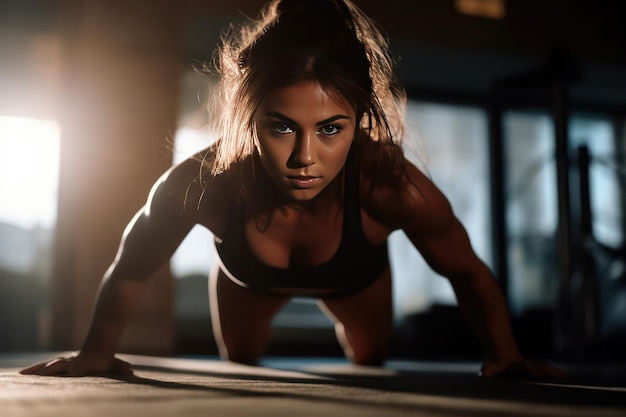 Photo a woman doing push ups on a mat