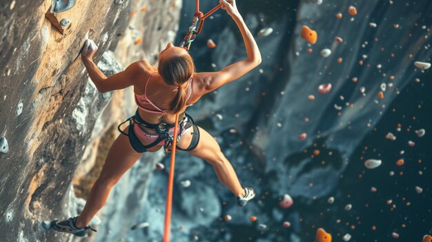 Foto donna che fa arrampicata con la corda