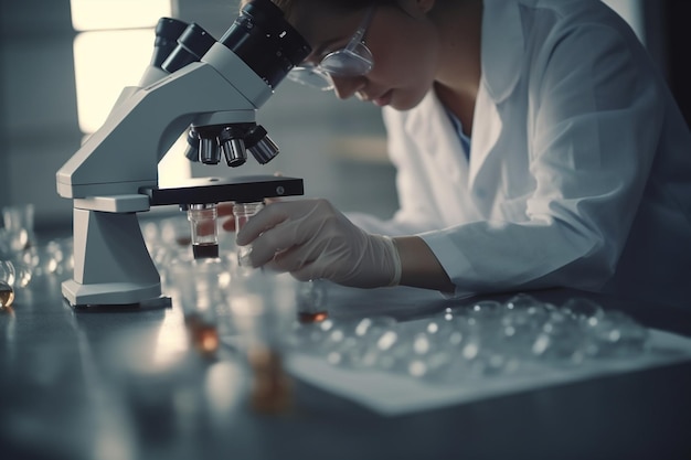 woman doing a science experiment in a laboratory wearing a lab coat and using test tubes